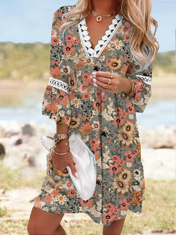 Printed Lace Stitching Bohemian Casual Vacation Dresses
