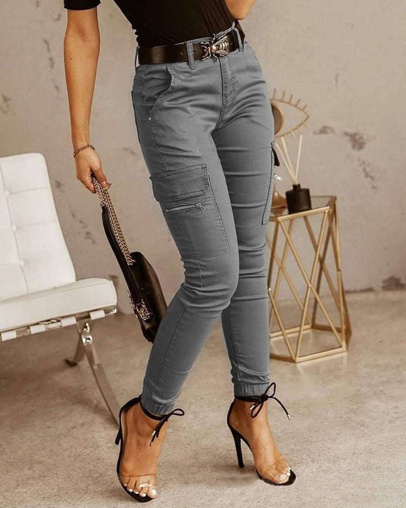 Women's Waist Button Solid Color Pocket Ankle Banded Pants