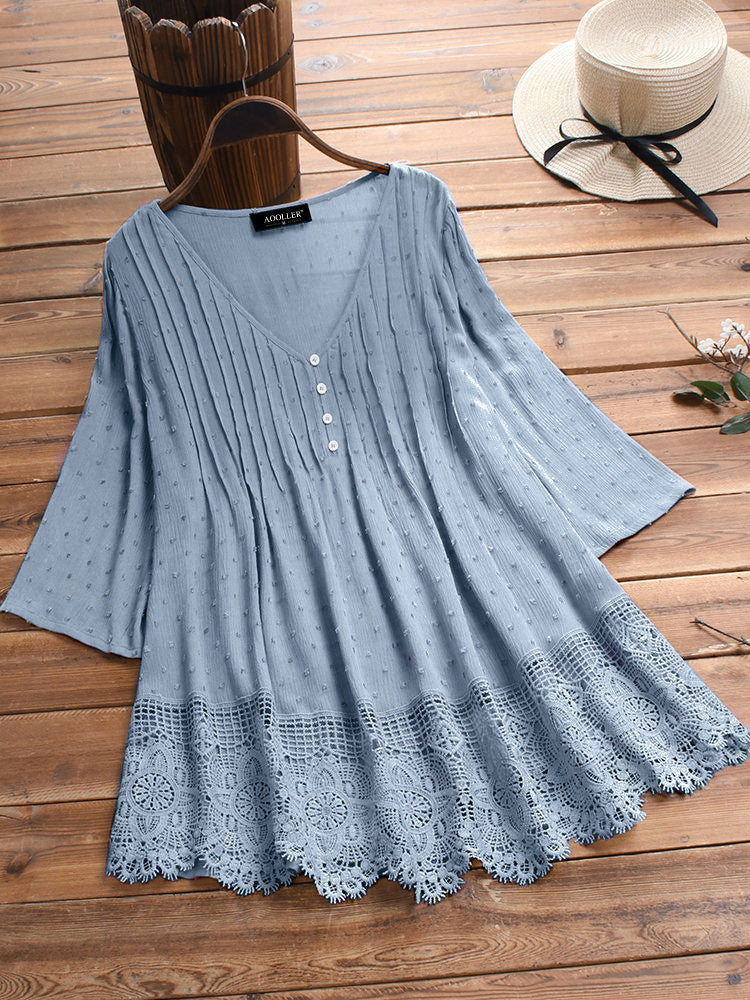 Women's Summer Pleated Lace Hollow Out V-neck Blouses