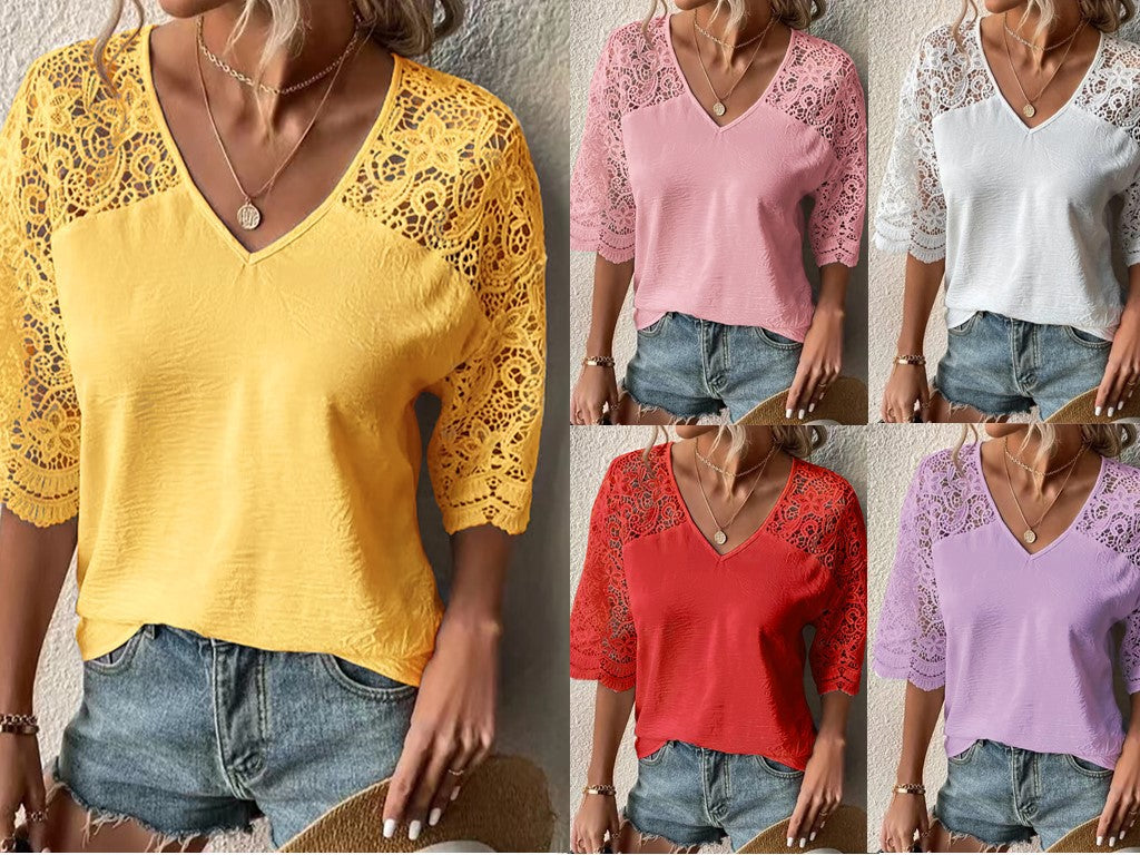 T-shirt Loose Casual Lace Hollow Out Blouses
