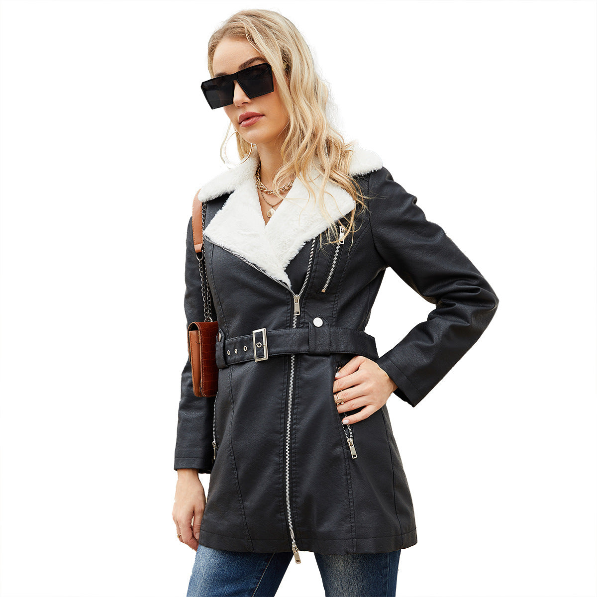 Women's Fleece Leather Lapel Double-headed Zipper With Jackets