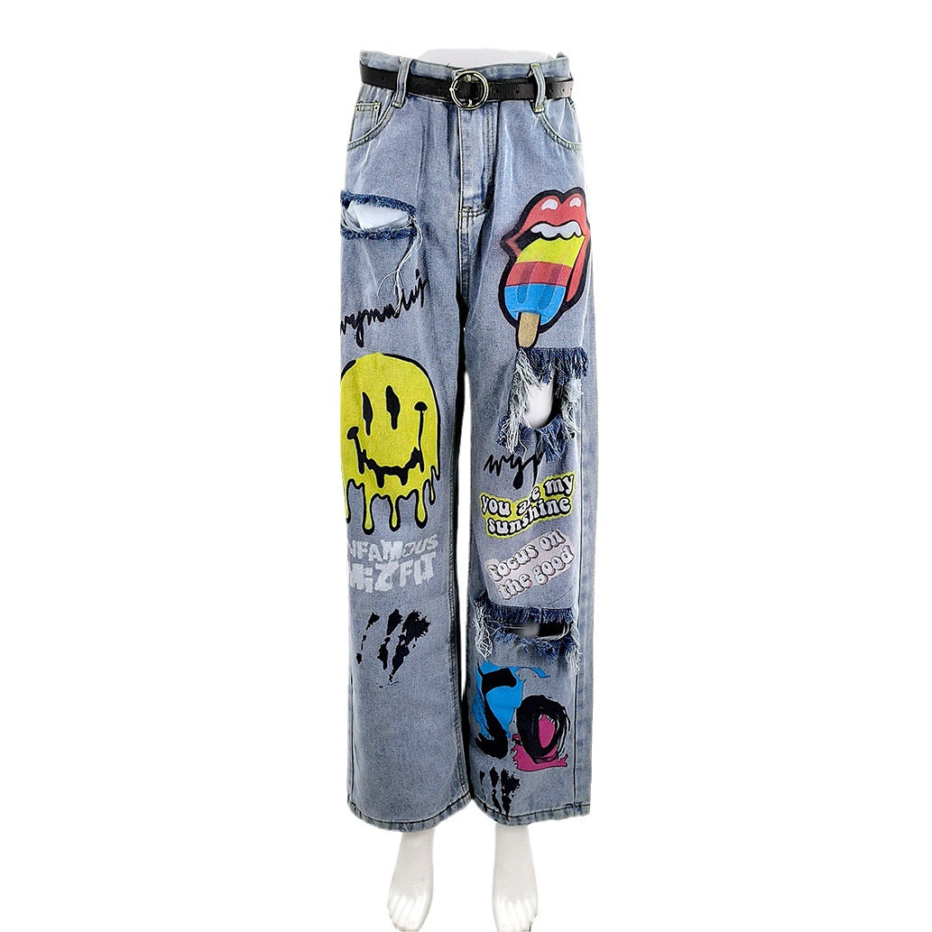 Women's Smiley Printed Ripped Street Skateboarding Style Jeans