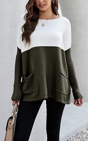 Knitted Long Sleeves Color Matching Pocket Tops