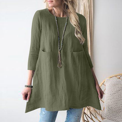 Women's Round Neck Sleeves Cotton And Linen Dresses