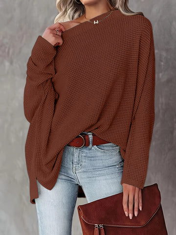 Women's Autumn Knitted Waffle Slant Shoulder Regular Blouses