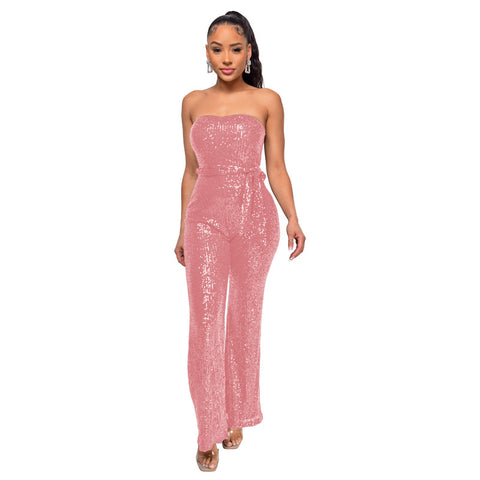 Women's Tube Backless Ribbon Hot Sleeveless Sequined Jumpsuits