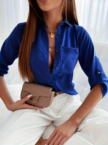 Women's Solid Color Long-sleeved Shirt Single-breasted For Blouses
