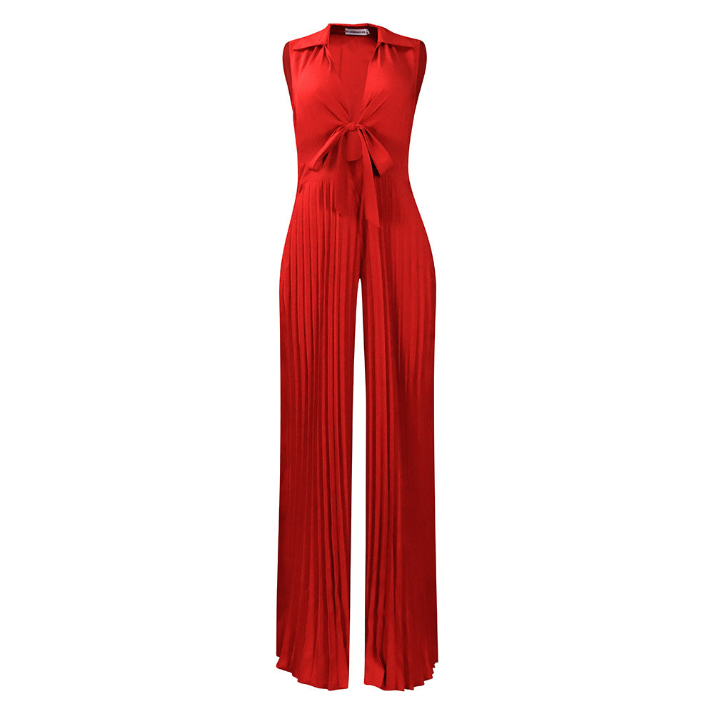 Women's Summer Fashion Long-sleeved Lapel Loose Pleated Jumpsuits