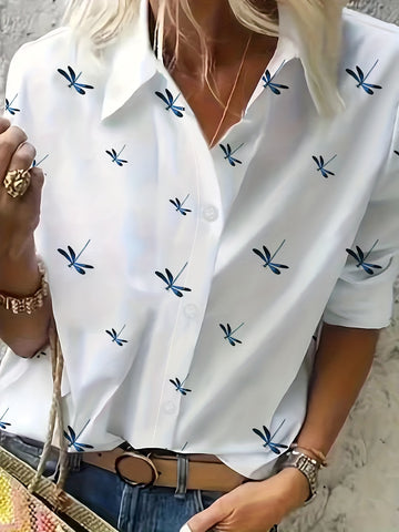 Women's Dragonfly Printed Lapel Long Sleeve Shirt Blouses