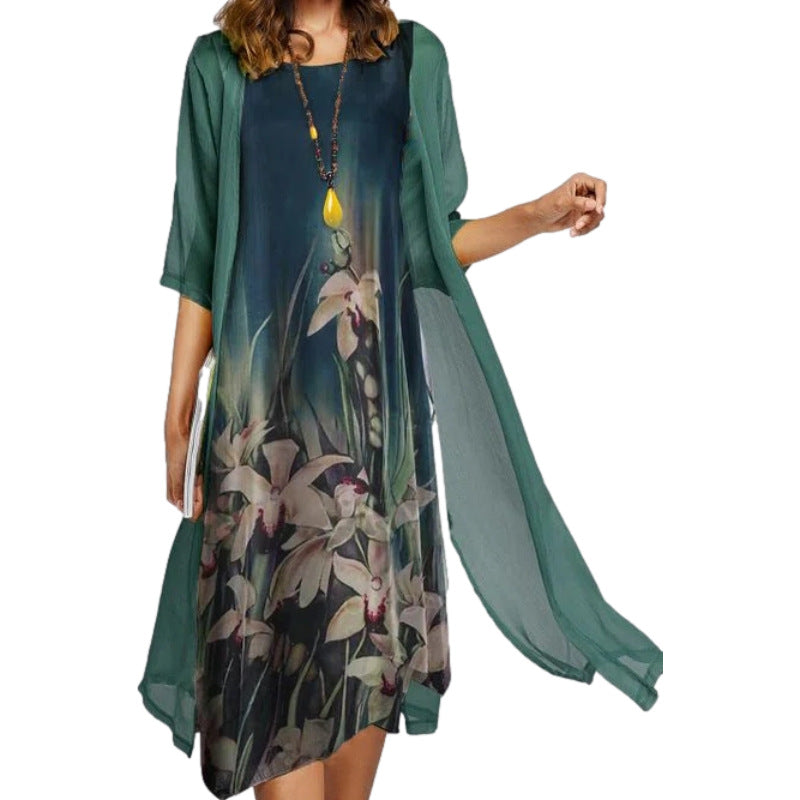 Women's Two-piece Printed Round Neck Slim Fit Long Dresses