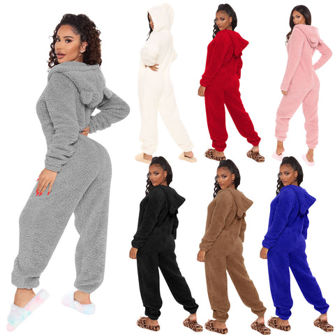 Sleeve Hooded Casual Trousers Plush Pajamas Jumpsuits