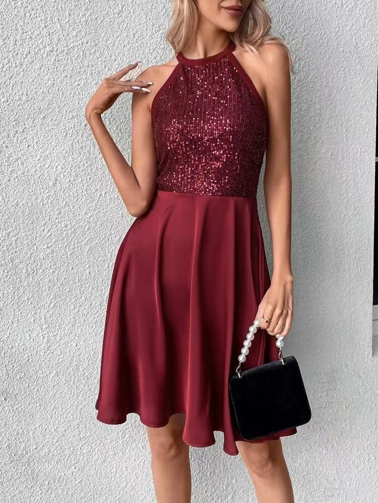 Women's Summer Sequin Stitching Sleeveless Fashion Solid Color Dresses