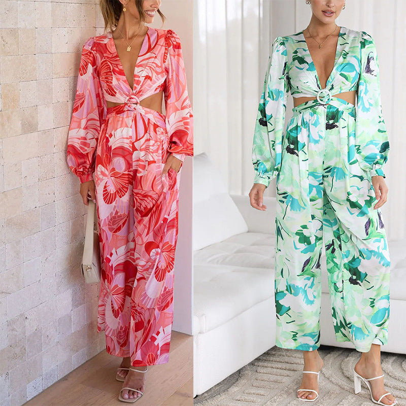 Printed Suitable Casual Halter Puff Sleeve Jumpsuits