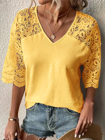 T-shirt Loose Casual Lace Hollow Out Blouses