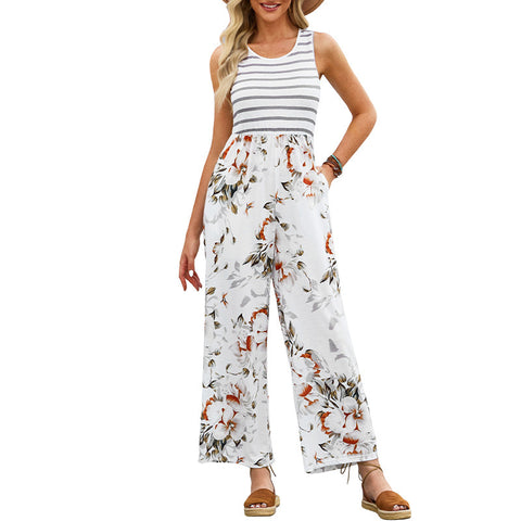 Women's Long Summer Thin Sleeveless Plant Flower Print Jumpsuits