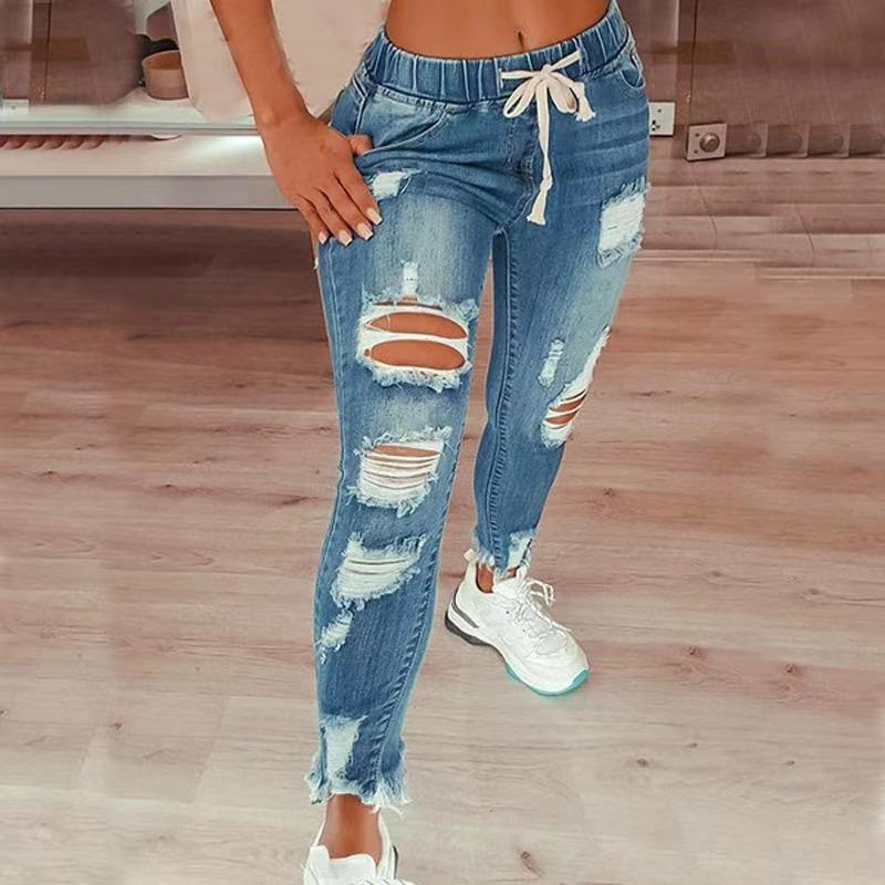 Women's High Waist Retro Preppy Style Ripped Jeans