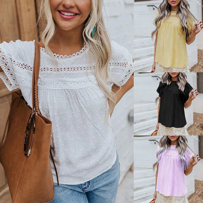 Women's Round Neck Lace Crochet Sleeve Casual Blouses
