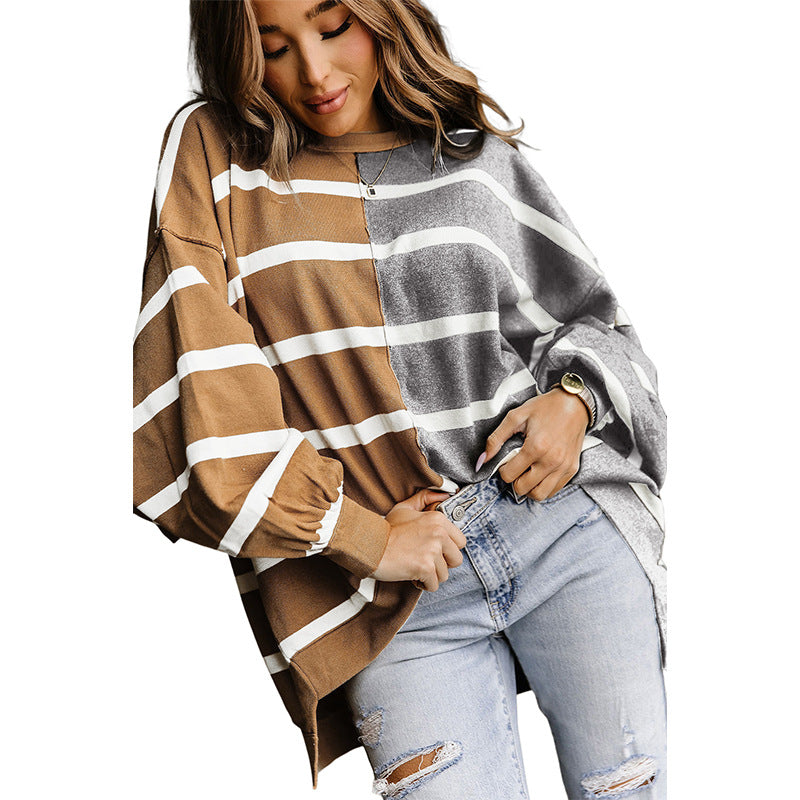 Women's Neck Contrast Color Striped Loose Long-sleeved Sweaters