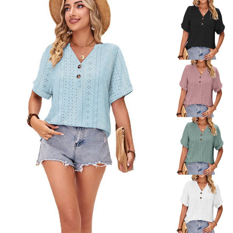 Women's Summer Curling Sleeve Button Loose-fitting Casual Blouses