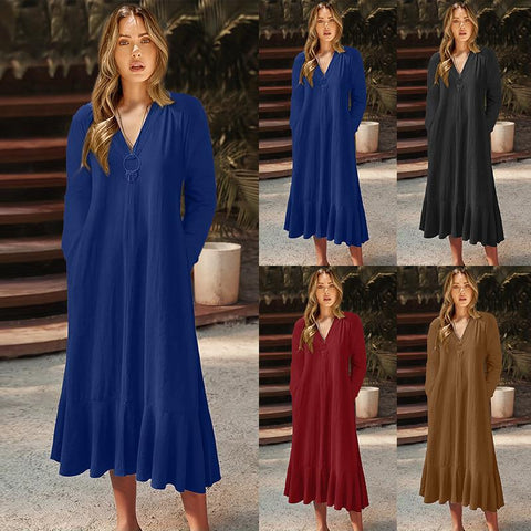 Women's Solid Color And Long Sleeve A- Dresses