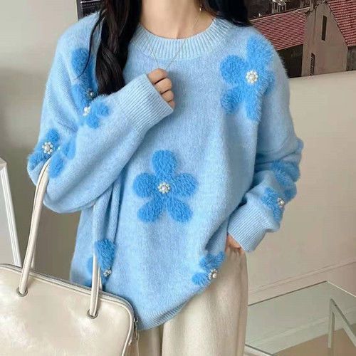 Women's Blue Soft Glutinous Beaded Flower Design Sense Minority Knitwear