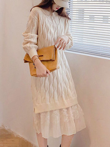Women's Gentle Stitching Fake Two-piece Woolen Korean Dresses