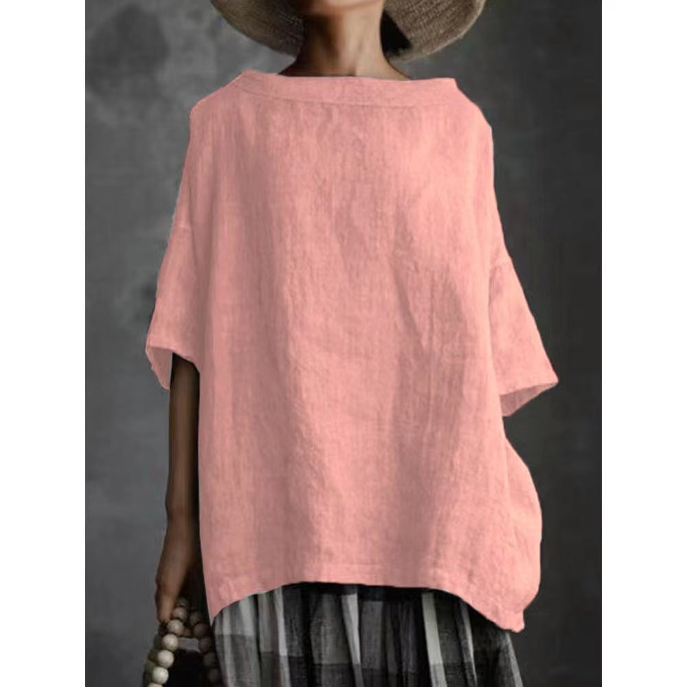 Women's Round Neck Cotton Linen Solid Color Blouses