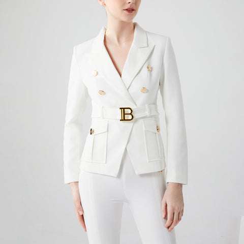 Petits blazers blancs bicolores avec poches pour femmes, coupe slim