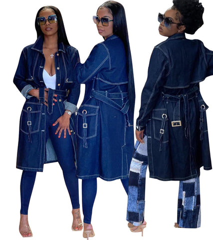 Women's Long Sleeve Denim Trench Cloak Jackets