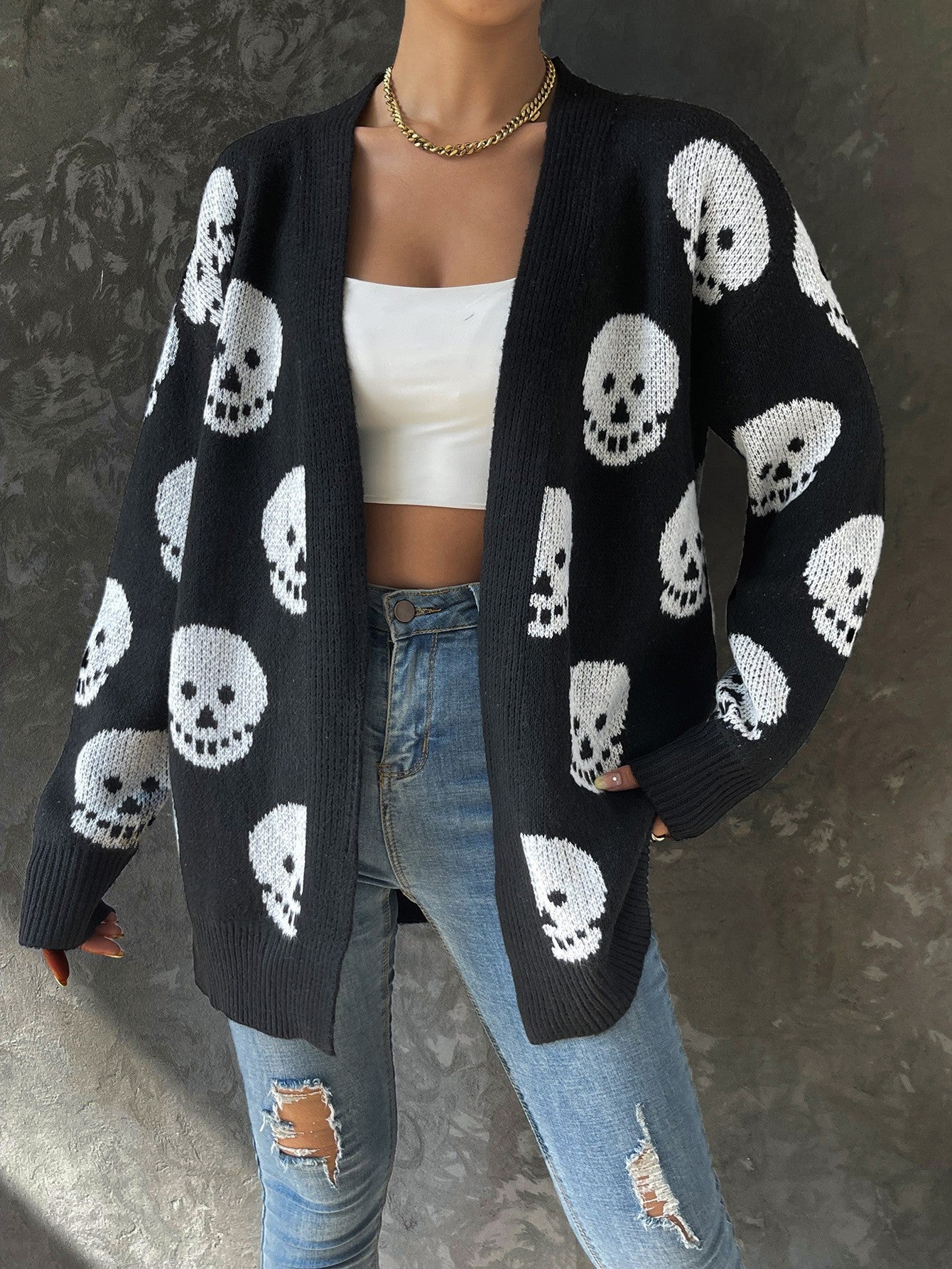 Women's Halloween Skull Jacquard Knitted Long Sleeve Knitwear