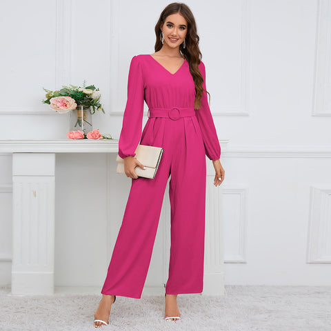 Women's Casual Solid Color And Long Sleeve Straight Wide Leg Jumpsuits