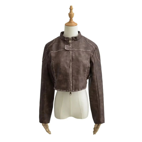 Women's Retro Distressed Leather With Stand Collar Jackets