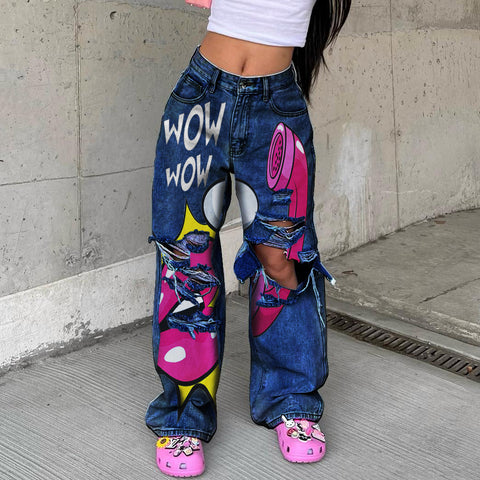 Women's Long High Waist Ripped Rough-edge Jeans