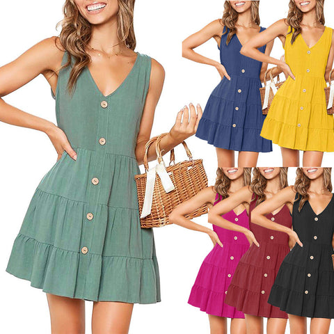 Summer Button Pleated Dress Cotton Linen Dresses