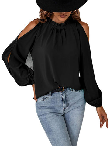 Women's Solid Color Lotus Leaf Round Neck Long Sleeve Pleated Blouses
