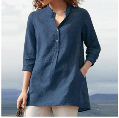 Women's Autumn Solid Color Three-quarter Sleeve Collar Cotton Linen Blouses