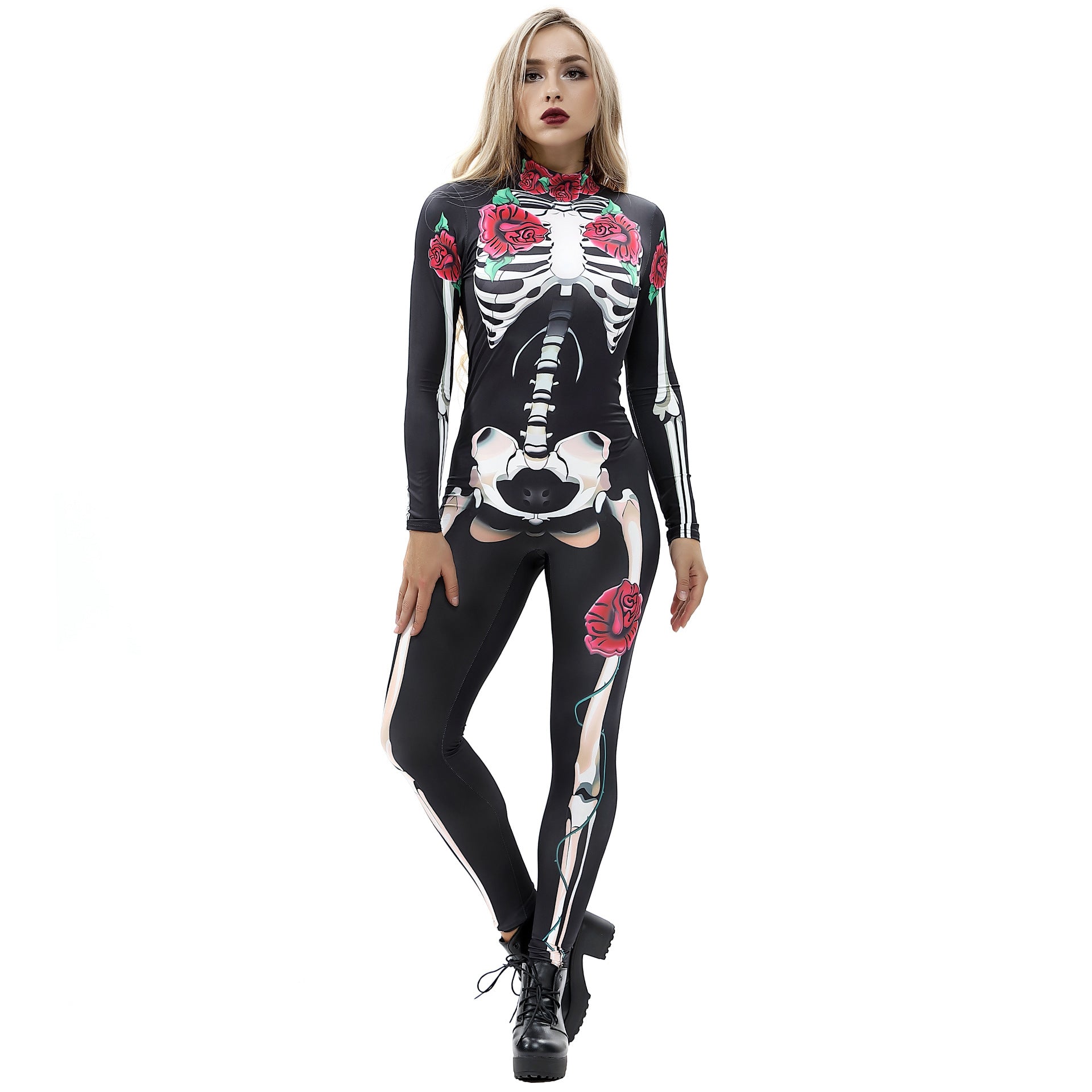 Women's Halloween Skeleton Digital Printing Tight Long-sleeved Jumpsuits