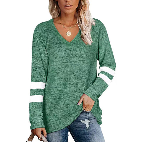Women's Sleeve Color Patchwork V-neck Loose-fitting Casual Blouses
