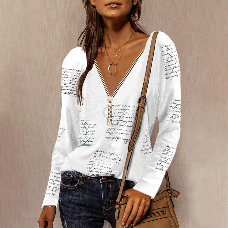 Women's Autumn Zipper English Print Long Sleeve Blouses
