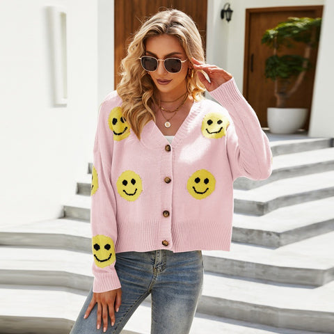 Women's Smiley Knitted Long Sleeve Loose Cardigans