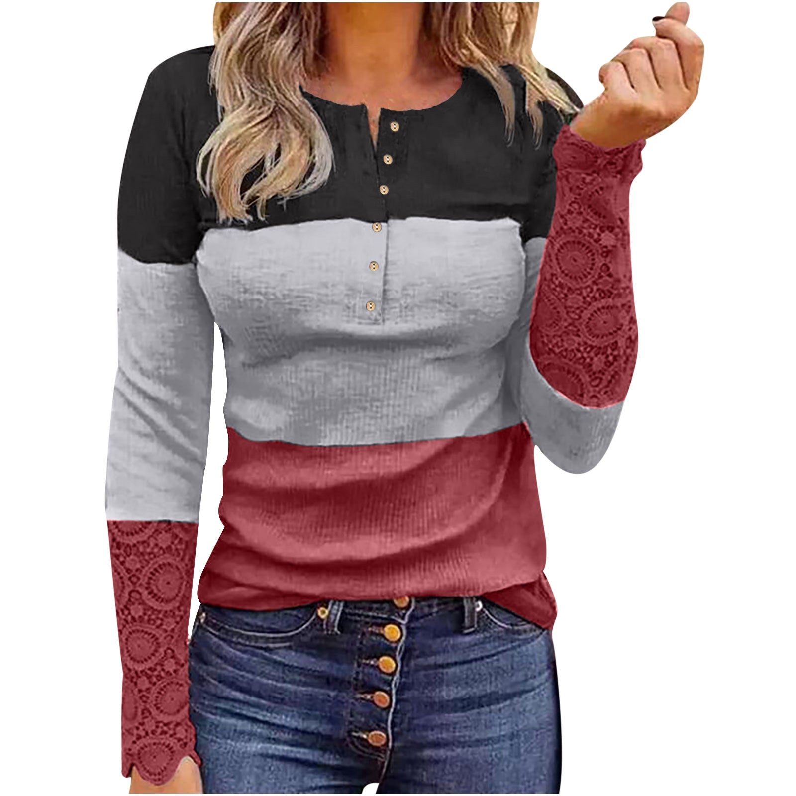 Women's Long-sleeved Sunken Stripe Slim-fit Round Neck Printed Blouses