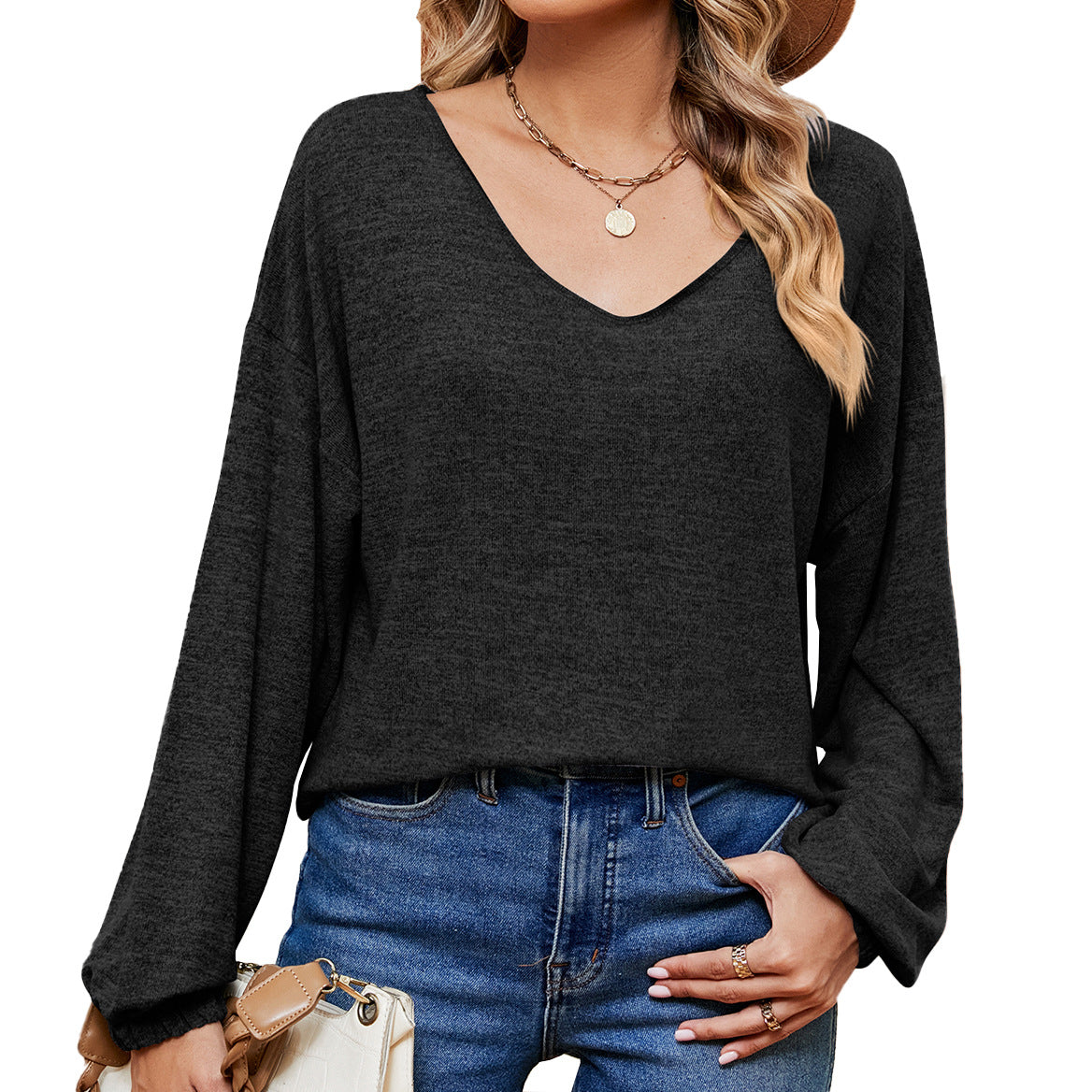 Solid Color And Long Sleeve Loose-fitting Blouses