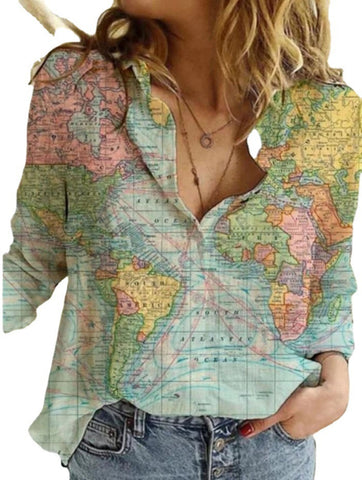 Women's Innovative Map Printed Long-sleeved Shirt Blouses