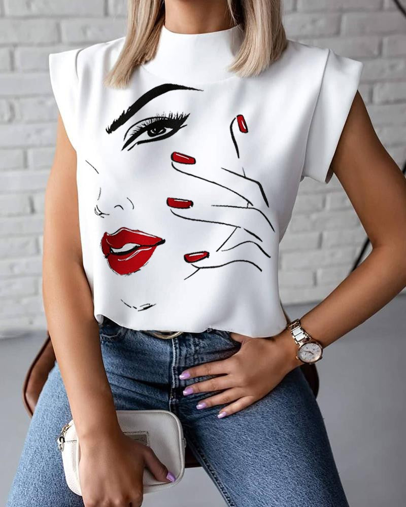 Women's Summer Simple Stand Collar Lip Printings Blouses
