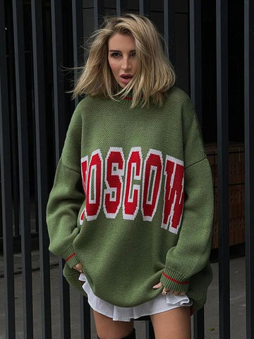 Women's Style Round Neck Contrast Color Letter Loose Shoulder Idle Knitwear