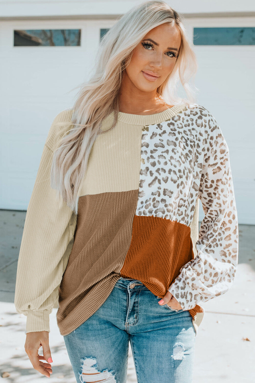 Women's Color Leopard Print Knitted Long-sleeved Tops