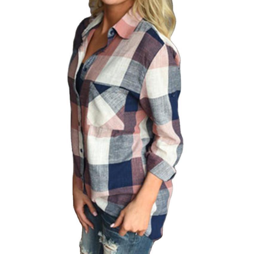 Women's Lapel Casual Long-sleeved Plaid Shirt Tops
