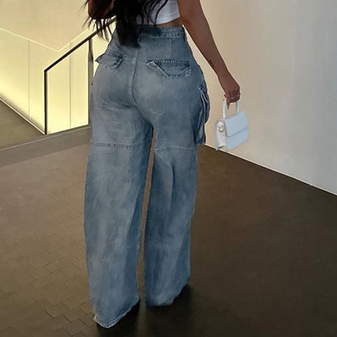 Hipster Symmetrical Pocket Split Loose Washed-out Jeans