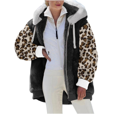 Women's Zipper Leopard Splicing Hooded Plush For Coats