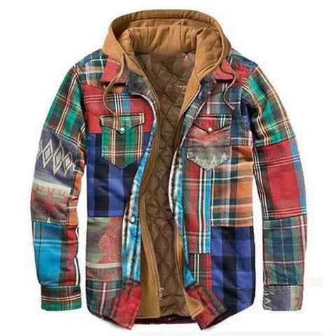Men's Casual Hooded Fake Two Pieces Plaid Coats